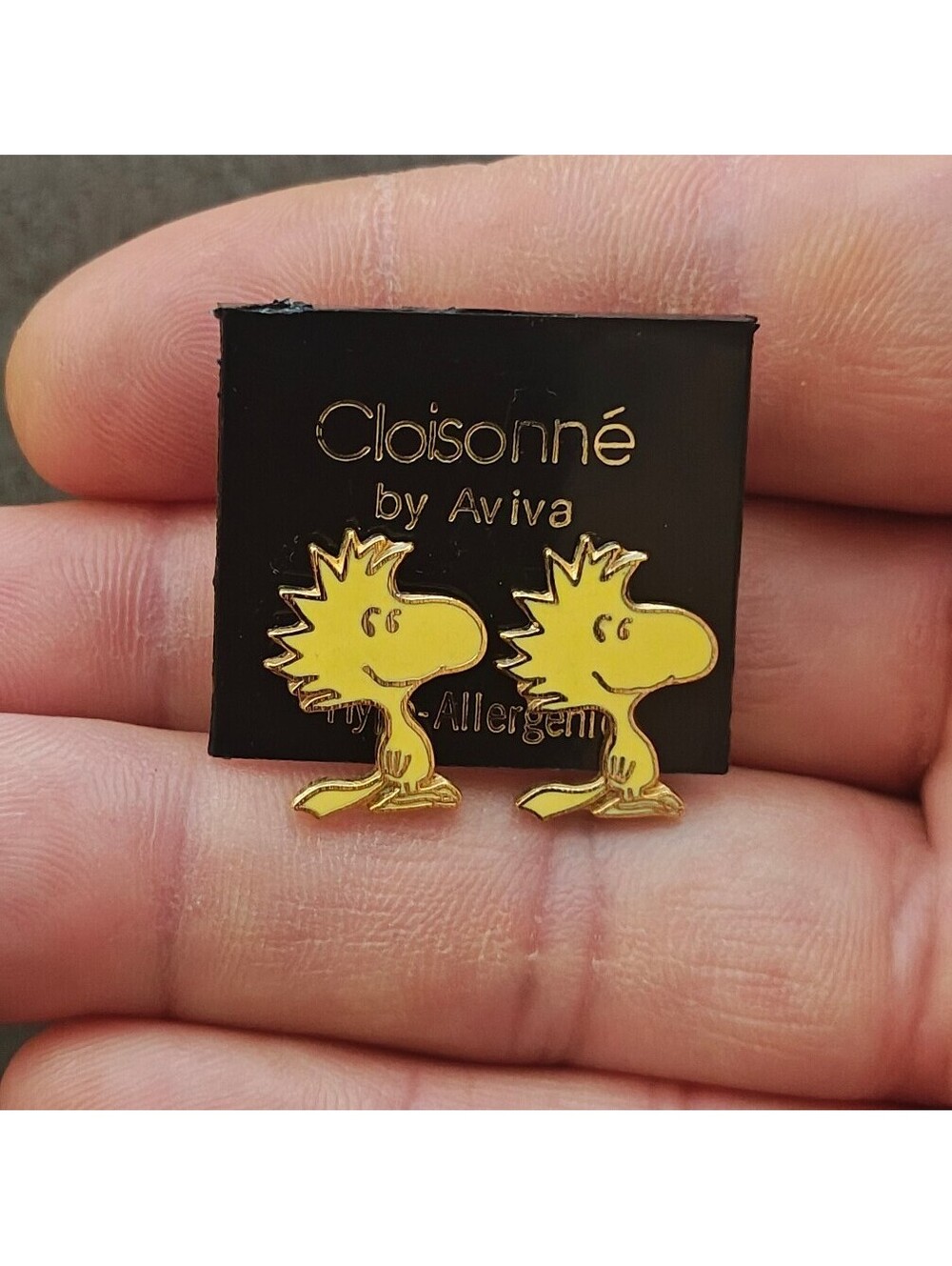 1970s Peanuts Woodstock Gold Tone Cloisonné Enamel Stud Earrings New.